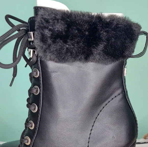 Guess Tetian Black Leather Faux-Fur Lace-Up Stiletto Heeled Boots Women's 9 NWT - Picture 10 of 16